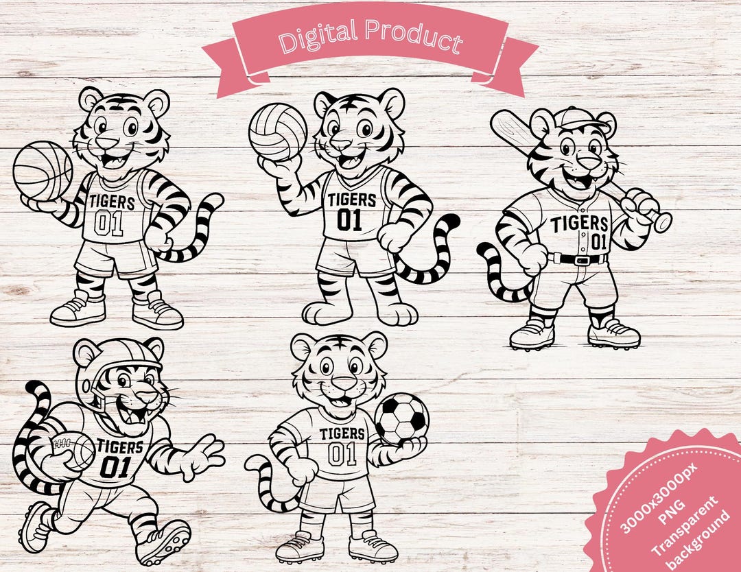 5 Outlines of Tigers Sports Mascots for School Soccer Tiger Baseball ...