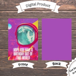 Printable Your Out of this World Astronaut Birthday Card, Space-Themed, Astronaut, Outer Space, Happy Birthday, Pink and Purple, Cute Card