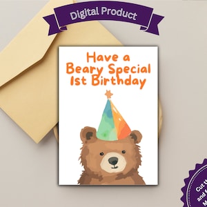 Cartão de 1º aniversário para impressão, Tenha um 1º aniversário especial de urso, Primeiro aniversário, Cartão temático de urso, Cartão de bebê, urso aquarela, imprima em casa