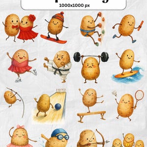 May include: Digital download of 58 clipart images featuring anthropomorphic potatoes engaged in various sports and activities. The illustrations include potatoes snowboarding, weightlifting, and playing badminton. The images are set against a textured, off-white background.