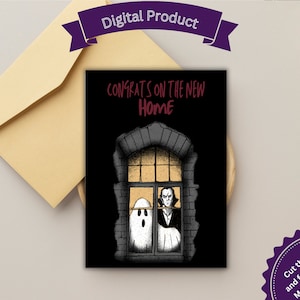 Afdrukbare housewarmingkaart Gefeliciteerd met je nieuwe huis Scary Haunted Spooky Card For Horror Fan Ghost Card Digitale download Goth-kaarten New Home