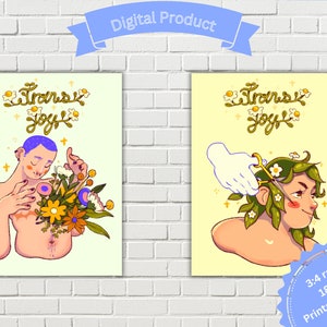 4 Printable Posters of Trans Joy, Trans Male, Trans Man, LGBTQ Art, Trans Art, Flowers, Top Surgery, LGBTQ Support, Trans Support, Wall Art,