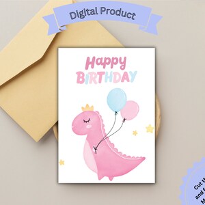 Cartão de aniversário para impressão Princesa Dinossauro segurando balões, Cartão para ela, Cartão para filha, Cartão para neta, Cartão para esposa, Rosa DIY