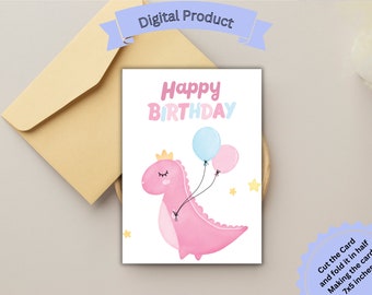 Printable Birthday Card Princess Dinosaur holding balloons, Card For Her, Card For Daughter, Card For Granddaughter, Card For Wife, Pink DIY