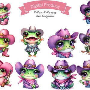 May include: Digital product featuring cartoon frogs dressed as cowpokes. The frogs wear cowboy hats, bandanas, and boots in various colors, including pink and purple. Some frogs hold a rifle. The image has a clear background.