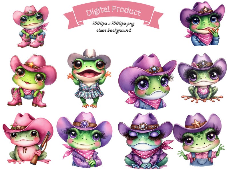 May include: Digital product featuring cartoon frogs dressed as cowpokes. The frogs wear cowboy hats, bandanas, and boots in various colors, including pink and purple. Some frogs hold a rifle. The image has a clear background.