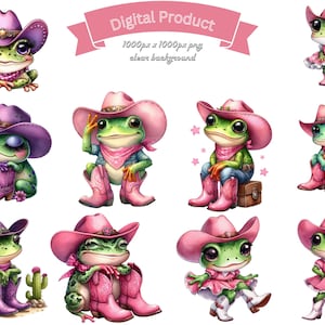 May include: Digital product featuring cartoon frogs in cowboy attire. The frogs wear cowboy hats, boots, and bandanas in various colors, including pink and purple. Some frogs are sitting, while others are standing. The image has a clear background.