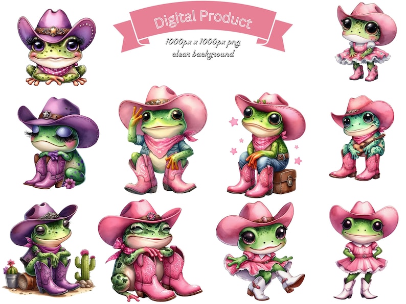 May include: Digital product featuring cartoon frogs in cowboy attire. The frogs wear cowboy hats, boots, and bandanas in various colors, including pink and purple. Some frogs are sitting, while others are standing. The image has a clear background.