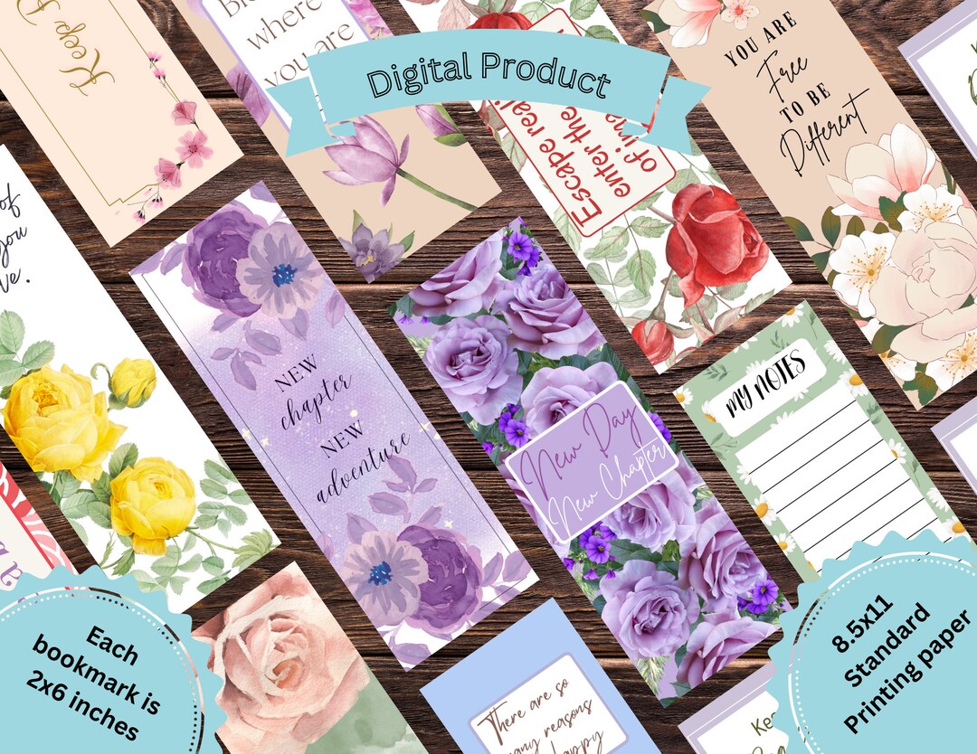 16 Printable Bookmarks Flower Themed With Phrases, 2x6 Inches, Notes ...