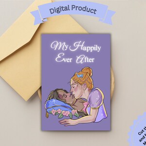 Carte imprimable My Happily Ever After sur le thème du conte de fées lesbien, je t'aime, carte LGBTQ, couple LGBTQ, carte romantique, carte de la Saint-Valentin, s'embrasser,