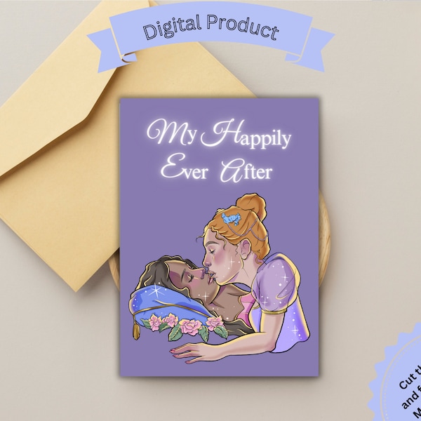 Printable Card My Happily Ever After Lesbian Fairytale Themed, I Love You, LGBTQ Card, LGBTQ Couple, Romantic Card, Valentine Card, Kissing,