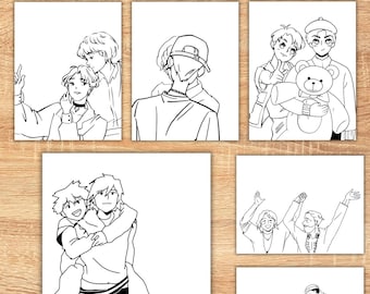 May include: Digital download of 25 coloring pages. Each page features black and white line art of anime-style characters in various poses. The text on the image reads "8.5x11 standard printing paper size."