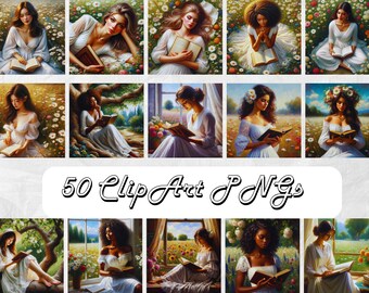 50 Cottagecore Women Reading Clipart book lover graphics Book Reader Images Oil Painting Clipart