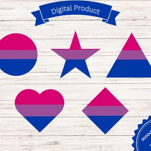May include: Set of five digital clipart images featuring the bisexual pride flag in different shapes: a circle, a star, a triangle, a heart, and a diamond. The flag colors are pink, purple, and blue.