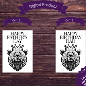 2 cartes à imprimer, bonne fête des pères, joyeux anniversaire à papa, ours avec une couronne, papa ours, roi ours, bricolage simple, téléchargement immédiat, pères