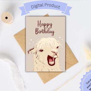 Printable Happy Birthday Llama Card, Funny Smile Card, Birthday Llama, Print at Home, Instant Download, Digital Download, Cute Card, DIY