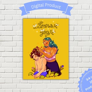 Puede incluir: Un póster digital imprimible con fondo amarillo que presenta a dos personas con cabello verde. El texto "trans joy" está escrito en una fuente caprichosa con flores y estrellas. El póster mide 18x24 pulgadas y tiene una proporción de 3:4.