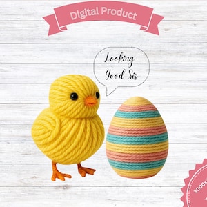 Puede incluir: Imagen de producto digital que presenta un pollito de hilo amarillo con patas y pico naranjas, y un huevo de Pascua envuelto en hilo con rayas horizontales rosas, azules y amarillas. El texto en una burbuja de diálogo dice "Looking Good Sis."