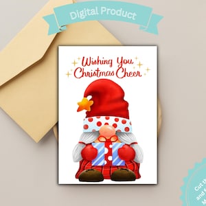 Tarjeta navideña de gnomo imprimible que te desea una Feliz Navidad. Lindo gnomo rojo rústico de Navidad. Tarjeta de gnomo navideño de duende navideño para imprimir en casa.