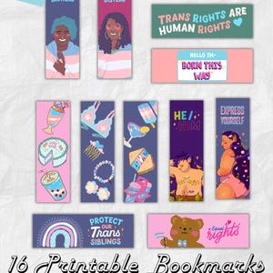 Peut inclure: Ensemble de 16 marque-pages imprimables avec divers motifs et textes, dont "Protect Our Trans Brothers/Sisters/Siblings" et "Trans Rights Are Human Rights". Chaque marque-page mesure environ 5 x 15 cm. Le design comprend des illustrations et les mots "Digital Download".