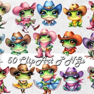May include: A collection of cartoon frog illustrations, each wearing a cowboy hat and various outfits. The frogs are green with large eyes and are in different poses. The text "50 Clip Art PNGs" is also present.