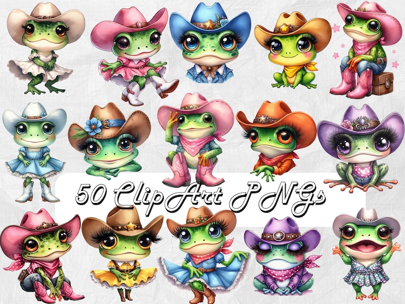 May include: A collection of cartoon frog illustrations, each wearing a cowboy hat and various outfits. The frogs are green with large eyes and are in different poses. The text "50 Clip Art PNGs" is also present.