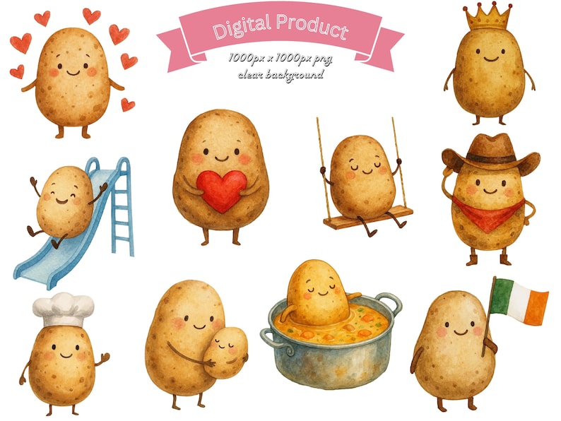 Watercolor Happy Potato Clip Art Pngs Potato Bundle Cute Vegetable Png ...