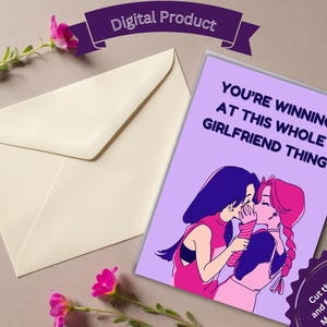Printable Anime Lesbian Valentine's You're Winning at this Whole Girlfriend thing Card LGBTQ Card Kissing Romantic Card Valentine Gaylentine