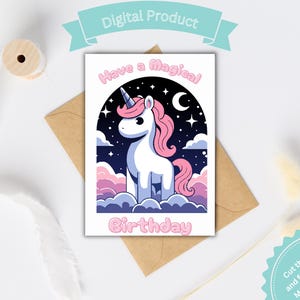 Printable Unicorn Birthday Card Hope your Birthday is Magical Beautiful Unicorn at Night Card Unicorn Lover Card Fantasy Card Stars and Moon