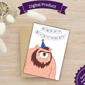 Funny Printable Birthday Card, Cyclops, For DND Fan, For Fantasy Fan, Humourous Birthday Card, Hairy Man, For Husband, Friend, Son, Grandson