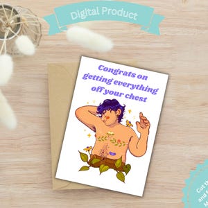 以下が含まれることがあります： 「Congrats on getting everything off your chest」のテキストと花を持つ人のイラストが描かれたグリーティングカード。カードは木製の表面に置かれ、封筒と装飾的な要素があります。