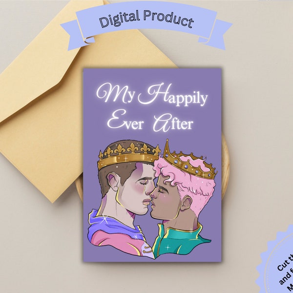 Printable Card My Happily Ever After Gay Fairytale Theme, LGBTQ Card, Romantic Card, Valentine Card, Couples Card, Men Kissing, Cute Card,