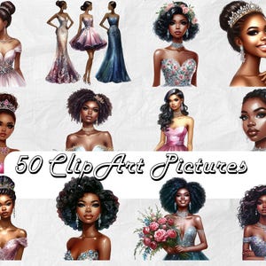 50 Melanin Prom Queen Clipart PNG Watercolor Prom African American Prom Queens Beautiful Prom Clipart POC Clip Art Fantasy Ball Gown Cute