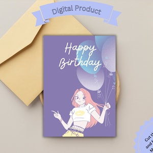 Carte imprimable joyeux anniversaire Anime, manga, manhwa, pour fan d'anime, pour petite amie, pour femme, pour meilleure amie, impression à la maison bricolage