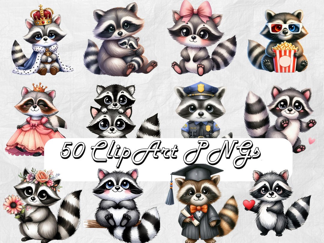 50 Raccoon Characters Clipart PNG Watercolor Raccoons Clip Art Trash ...