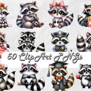 Lot de 50 personnages de raton laveur, clipart PNG aquarelles, clip art, bandits poubelles, conception de chemise, lot de 50 ratons laveurs, téléchargements numériques mignons raton laveur, art Bundle