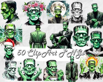 50 Frankenstein png Watercolor Clipart Bundle, Monsters Png Halloween Frankenstein Clipart Monster Png Pumpkin Clipart Halloween Png
