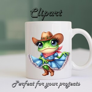 May include: White ceramic mug featuring a cartoon frog wearing a cowboy hat, blue dress, and boots. The frog has large eyelashes and a red bandana. Text on the mug reads "Clipart" and "Perfect for your projects".