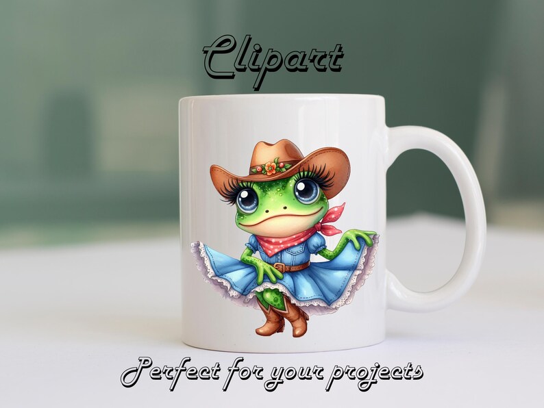 May include: White ceramic mug featuring a cartoon frog wearing a cowboy hat, blue dress, and boots. The frog has large eyelashes and a red bandana. Text on the mug reads "Clipart" and "Perfect for your projects".