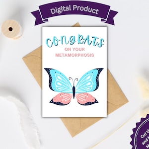 Tarjeta imprimible de felicitaciones por tu metamorfosis, trans, tarjeta transgénero, tarjeta LGBTQ, mariposa, apoyo trans, cirugía de arriba y abajo, LGBTQ