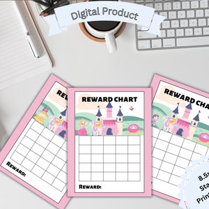 May include: Three printable reward charts featuring a pink castle and a princess with a unicorn. Each chart has a grid with the text "REWARD:" at the bottom. The text "REWARD CHART" is at the top of each chart. The text "8.5x11 Standard Printing Paper" is at the bottom right corner of the image.