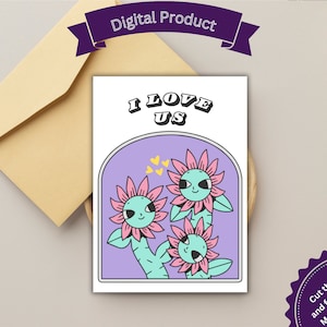 Tarjeta romántica de poli para imprimir Te amo Flores Tarjeta de San Valentín poliamorosa para tres Tarjeta linda Tres es mejor que uno Te amo DIY