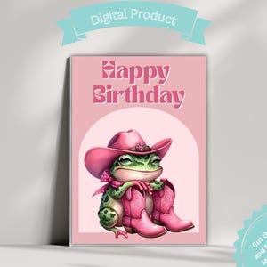 Printable Birthday Card Pink Cowgirl Frog Card Cowboy Frog Cards frog aesthetic y2k card toad birthday card Funny faced Card Disco Cowgirl