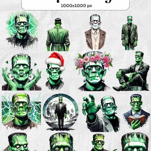 Pode incluir: Download digital de 58 imagens clipart com várias ilustrações do monstro de Frankenstein. As imagens mostram o monstro em diferentes poses e ambientes, com uma resolução de 1000x1000 px.