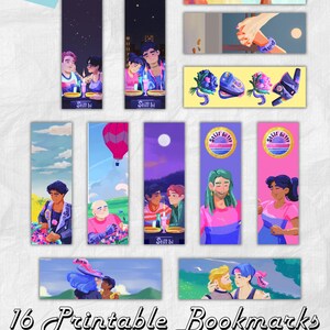 May include: A set of 16 printable bookmarks, each measuring approximately 5 x 15 cm, with vibrant illustrations. The designs include couples, landscapes, and text that reads "Still bi" and "Still Lovers". A digital download is available.