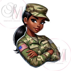 Imágenes prediseñadas de mujer militar, imágenes prediseñadas de chica de moda, imágenes prediseñadas del Día de los Veteranos, tropas femeninas, imágenes prediseñadas de chica afro, ilustración de soldado militar femenino