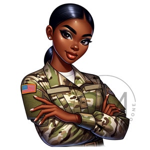 Militaire vrouw clipart, mode meisje clipart, Veteranendag clipart, vrouwelijke troepen, Afro meisje clipart, militaire vrouwelijke soldaat illustratie
