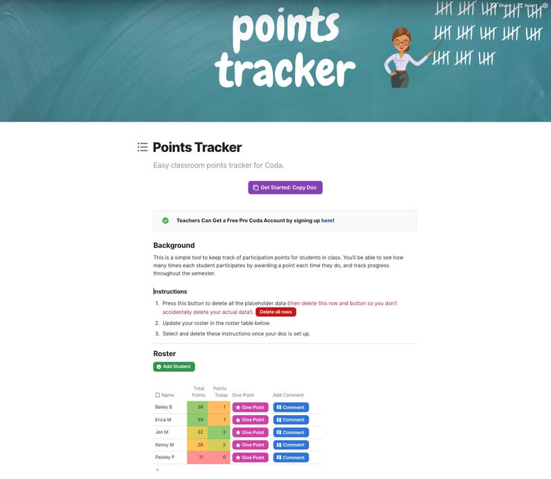 Classroom Points Tracker coda Template Etsy