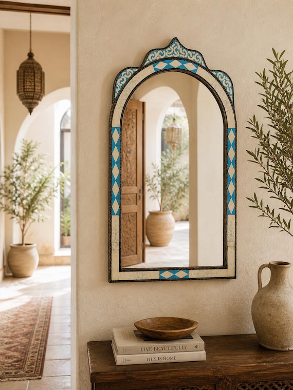 Handmade Moroccan Bone Inlay Mirror | Blue & White Geometric Boho Wall Decor Accent