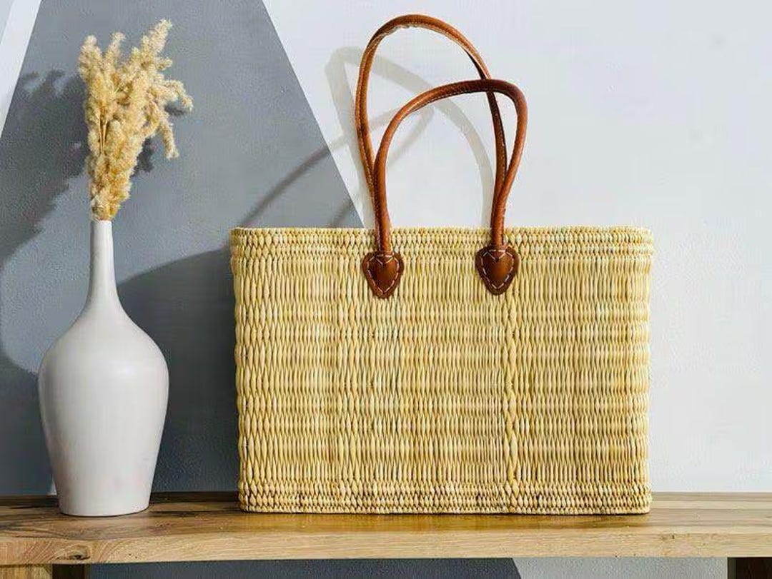 Handmade Moroccan Straw Basket Bag, Leather Handles, Large Market Tote ...